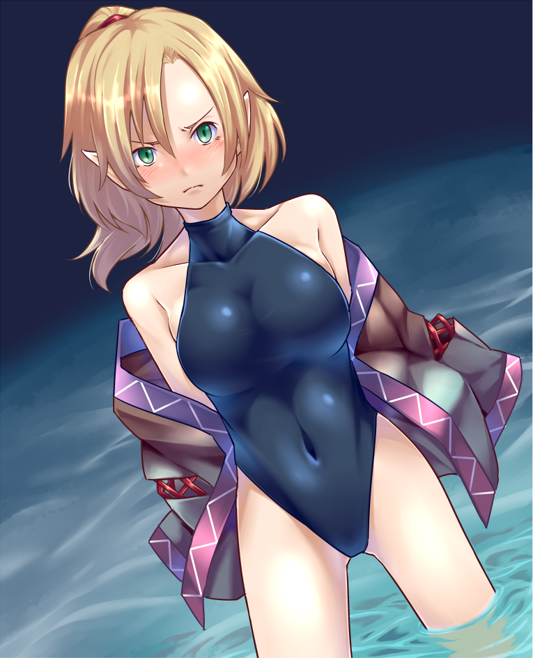 1girl, blonde_hair, competition_swimsuit, green_eyes, highleg, highleg_swimsuit, long_hair, mendou_saya