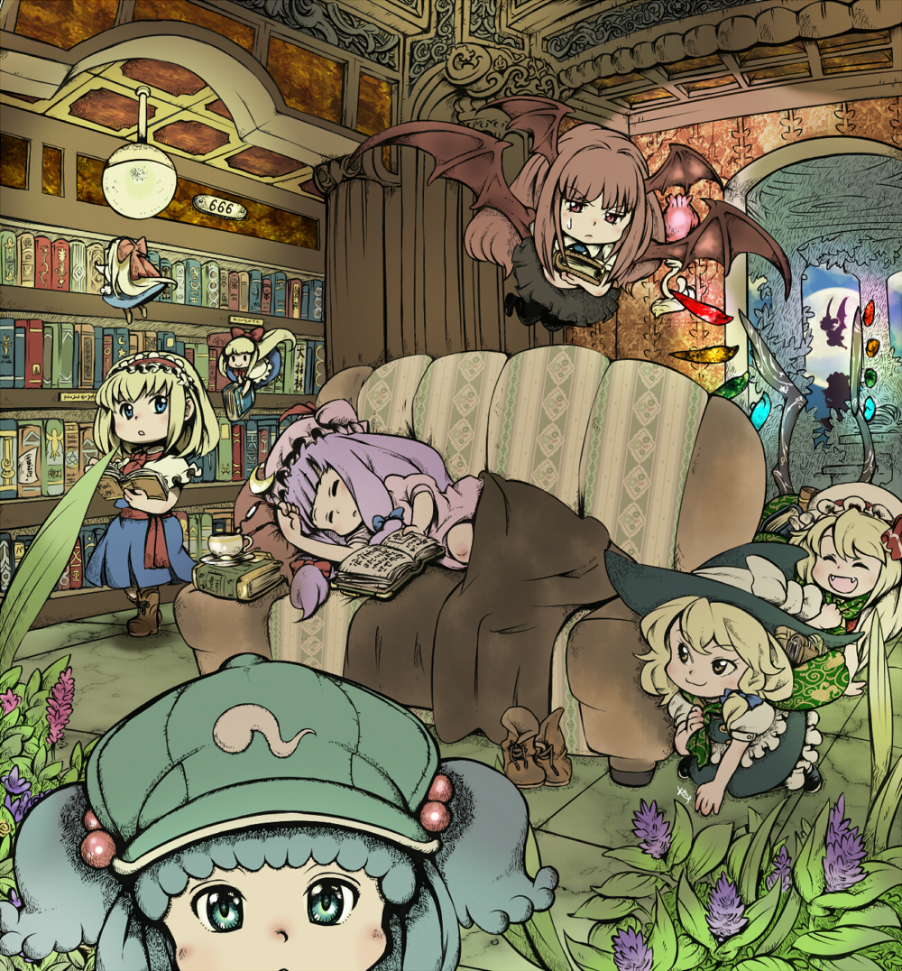 >:3, :d, ^_^, alice_margatroid, azito7, bat_wings, blanket, blonde_hair, blue_eyes, blue_hair, book, bookshelf, braid, chibi, closed_eyes, couch, doll, fangs, flandre_scarlet, glasses, glasses_removed, hairband, hat, head_wings, headwings, izayoi_sakuya, kawashiro_nitori, kirisame_marisa, koakuma, long_hair, open_mouth, patchouli_knowledge, ponytail, purple_hair, red_eyes, red_hair, redhead, remilia_scarlet, shanghai, shanghai_doll, shoes, short_hair, side_ponytail, sleeping, smile, touhou, twintails, wings, witch_hat, yellow_eyes