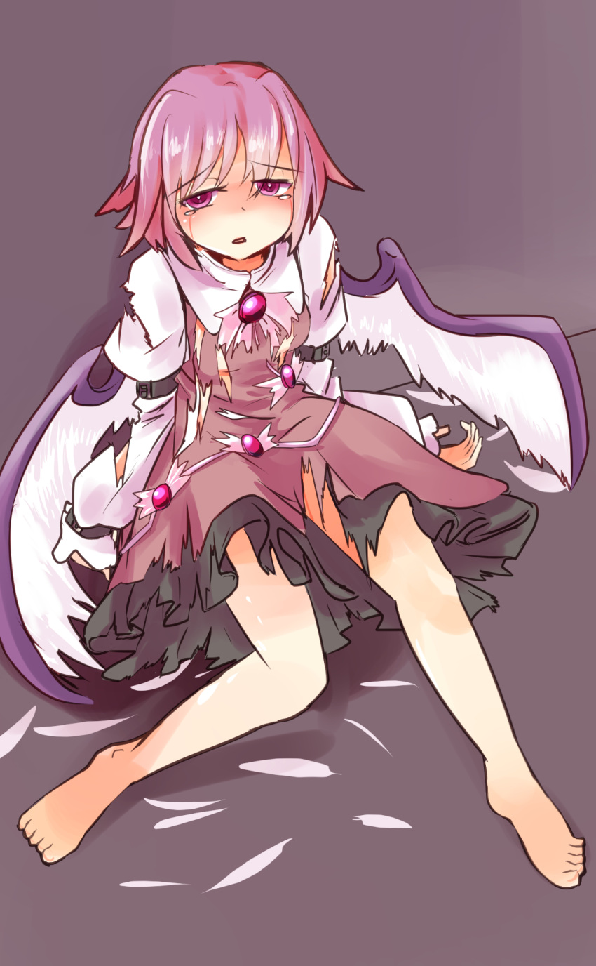 1girl, barefoot, bird_wings, brown_dress, dress, feathers, highres, juliet_sleeves