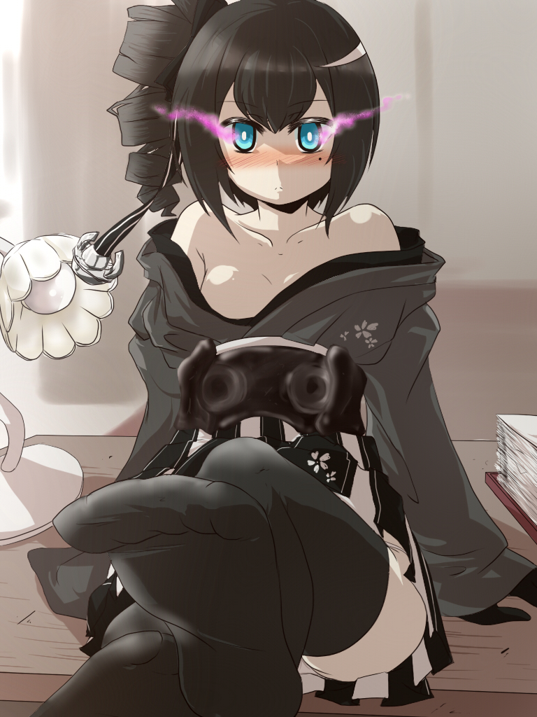 anchor_hair_ornament, ancient_destroyer_oni, bangs, black_hair, blue_eyes, blush, breasts, cleavage