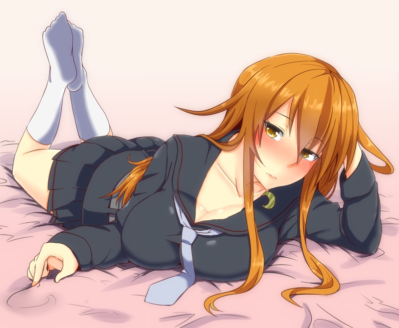 1girl, alternate_breast_size, black_serafuku, blush, breasts, brown_eyes, brown_hair, crescent