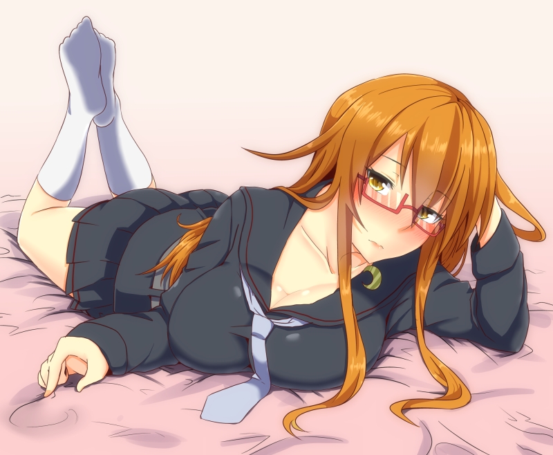 1girl, alternate_breast_size, black_serafuku, blush, breasts, brown_eyes, brown_hair, crescent