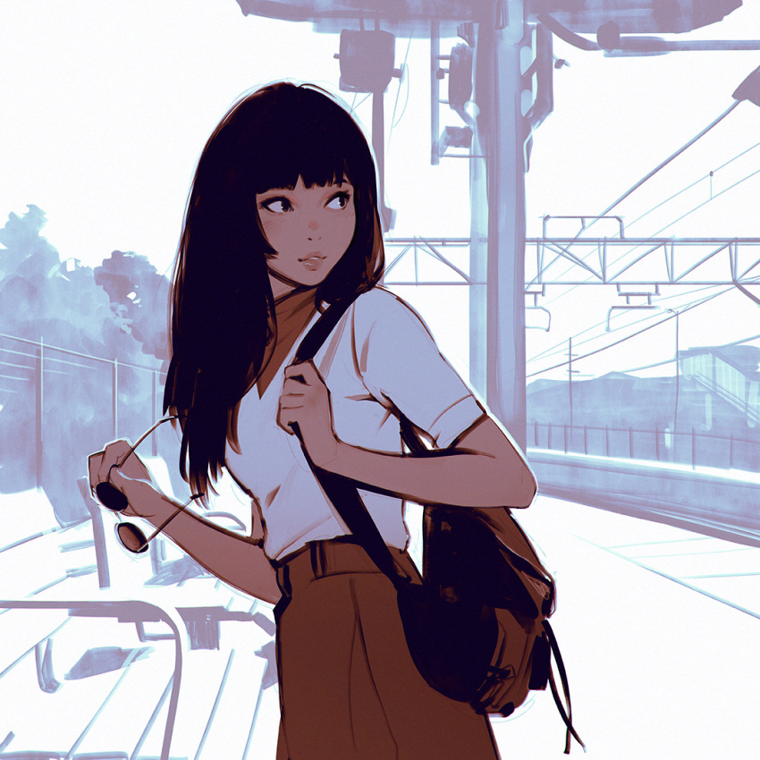 1girl, :d, bag, bangs, bench, black_hair, blunt_bangs, brown_eyes