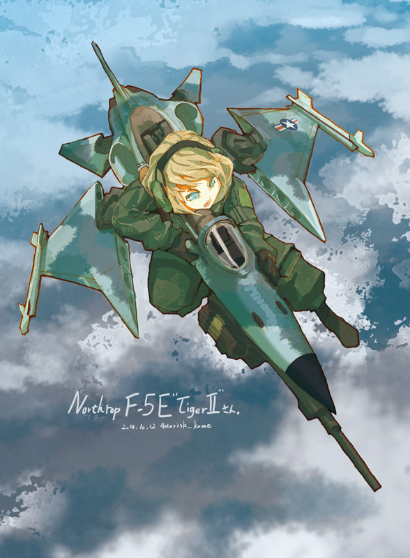 1girl, airplane, blonde_hair, clouds, cockpit, f-5_freedom_fighter, fighter_jet, flying