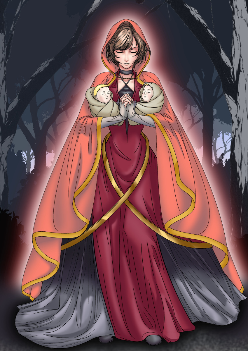 absurdres, baby, blonde_hair, brown_hair, closed_eyes, dress, forest, highres