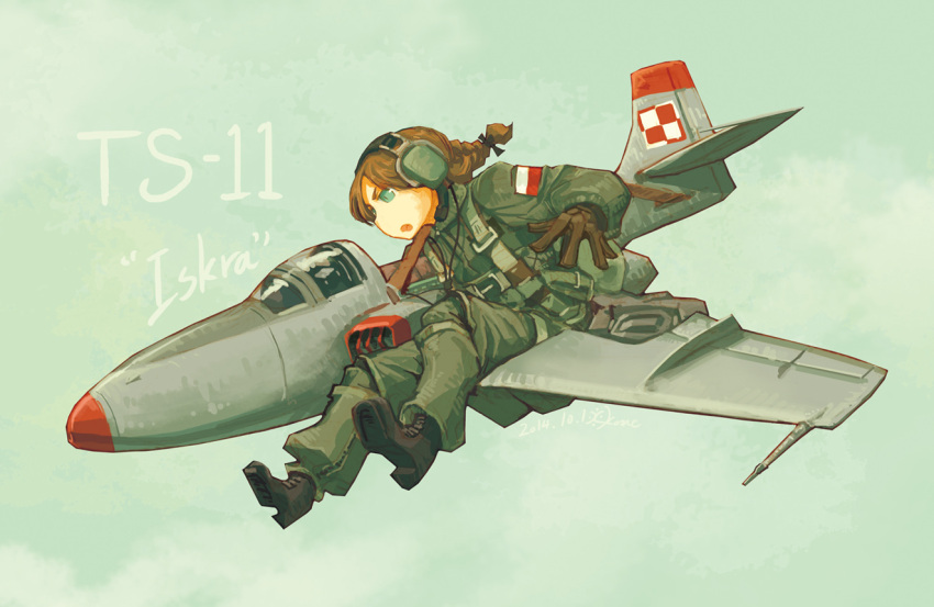 1girl, airplane, braid, fighter_jet, flying, green_hair, headphones, headset