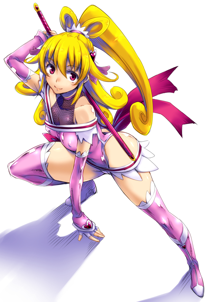 1girl, adapted_costume, aida_mana, ass, bare_shoulders, blonde_hair, blush, bow