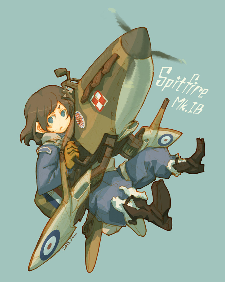 1girl, :<, artist_name, blue_eyes, brown_hair, flying, fur_trim, gloves