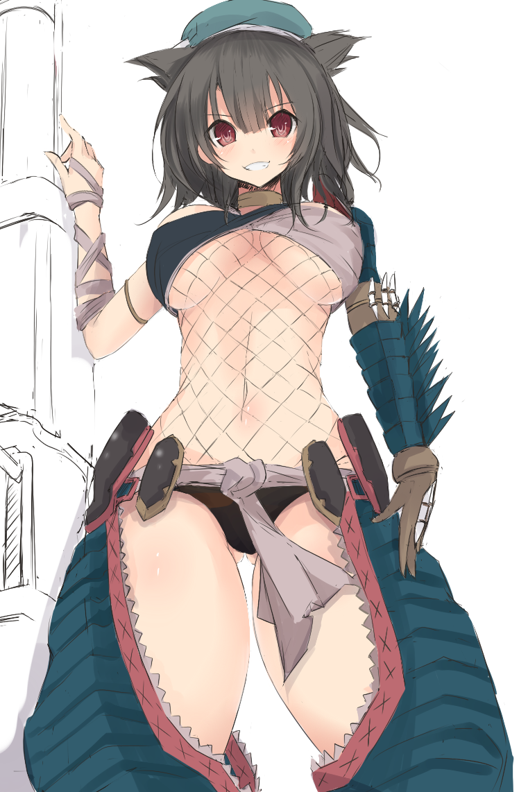 1girl, alternate_costume, ass_visible_through_thighs, beret, black_hair, black_panties, blush, breasts