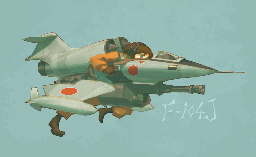 1girl, airplane, aqua_eyes, boots, brown_hair, cockpit, f-104_starfighter, gatling_gun
