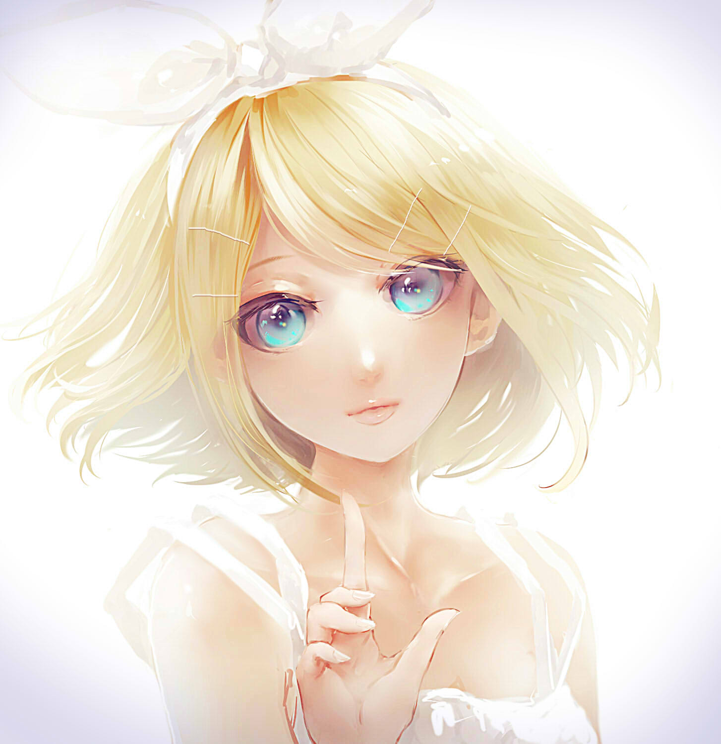 1girl, aqua_eyes, bangs, bare_shoulders, blonde_hair, blush, close-up, collarbone, commentary_request, dress, face, hair_ornament, hair_ribbon, hairclip, highres, kagamine_rin, lips, looking_at_viewer, miko_(s1748s), ribbon, short_hair, simple_background, smile, solo, upper_body, vocaloid, white_background, white_dress
