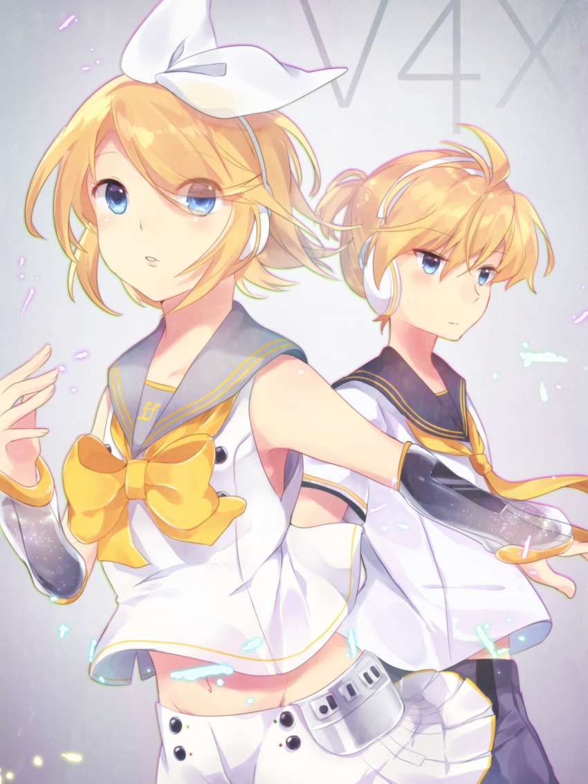 1boy, 1girl, blonde_hair, blue_eyes, hair_ribbon, headset, highres, kagamine_len
