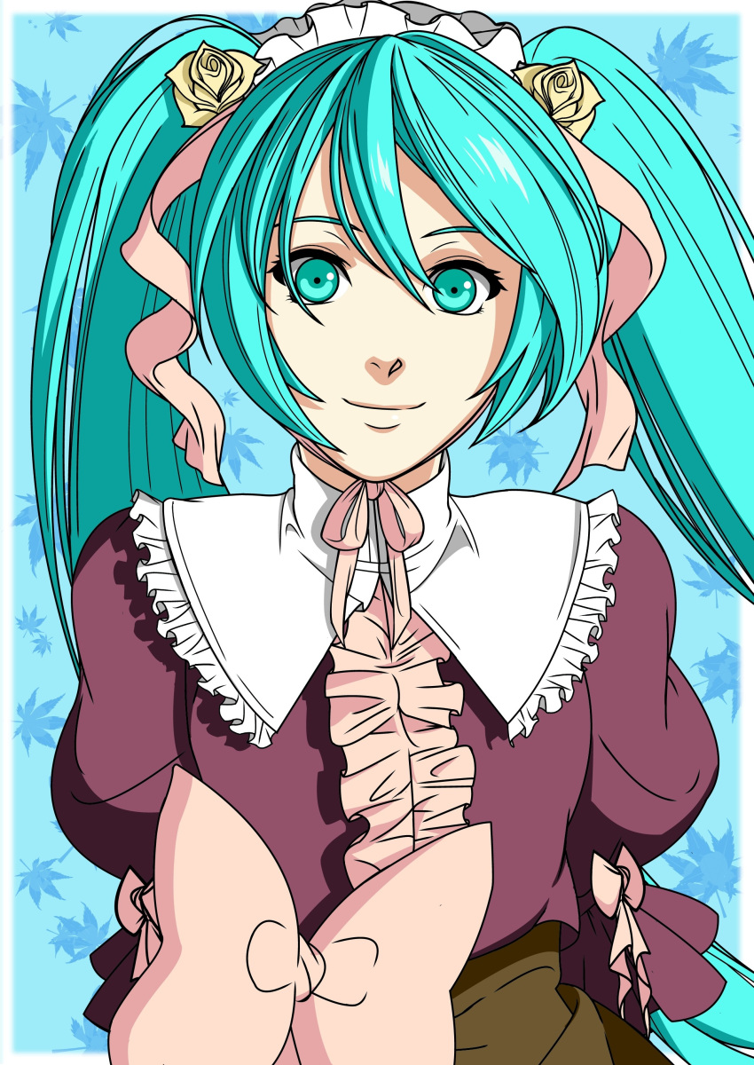 1girl, absurdres, akutoku_no_judgement_(vocaloid), aqua_eyes, aqua_hair, arm_behind_back, dress, flower