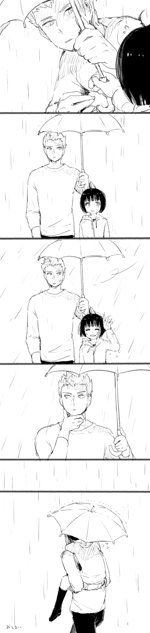 1girl, ahoge, amatori_chika, arm_at_side, atplus, back, bangs, black_hair, blunt_bangs, bob_cut, chin_stroking, closed_eyes, closed_mouth, comic, flying_sweatdrops, hand_up, height_difference, highres, holding, holding_umbrella, hood, hood_down, hoodie, kizaki_reiji, kneehighs, long_image, long_sleeves, looking_at_another, looking_to_the_side, miniskirt, monochrome, pants, parted_lips, piggyback, pleated_skirt, rain, shared_umbrella, shoes, signature, silent_comic, skirt, spiky_hair, sweatdrop, tall_image, umbrella, walking, wet, wind, world_trigger