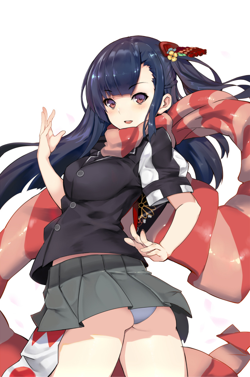 1girl, :d, absurdres, ass, back, bangs, blue_hair, blush