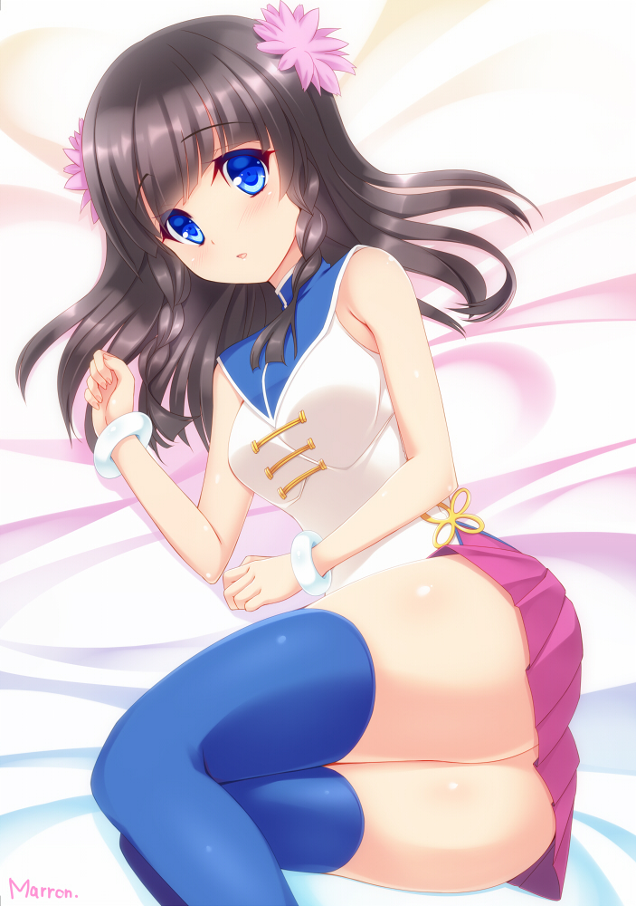 1girl, artist_name, bangs, bare_shoulders, bed_sheet, black_hair, blue_eyes, blue_legwear