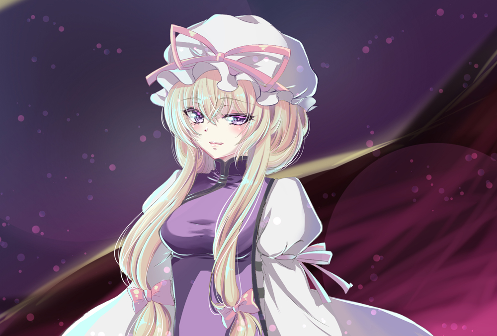 1girl, arm_ribbon, bangs, blonde_hair, blush, bow, breasts, dress, gap, hair_between_eyes, hair_bow, hair_up, half-closed_eye, hat, hat_ribbon, light_particles, lips, long_sleeves, looking_at_viewer, mob_cap, night, night_sky, purple_sky, ribbon, setsuna_rio, shiny, shiny_clothes, shiny_hair, sidelocks, sky, solo, tabard, touhou, violet_eyes, white_dress, wide_sleeves, yakumo_yukari