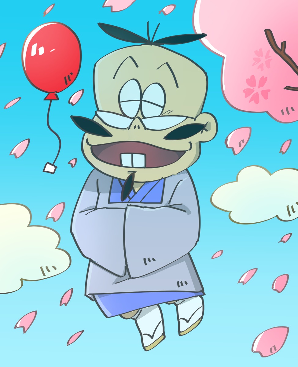1boy, batsugorou, beard, blue_sky, cherry_blossoms, clouds, endou_(endo_solt), facial_hair