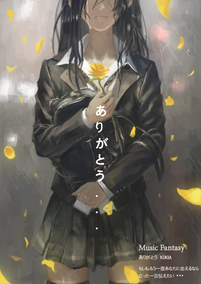 1girl, bag, black_hair, flower, head_out_of_frame, original, petals, pleated_skirt