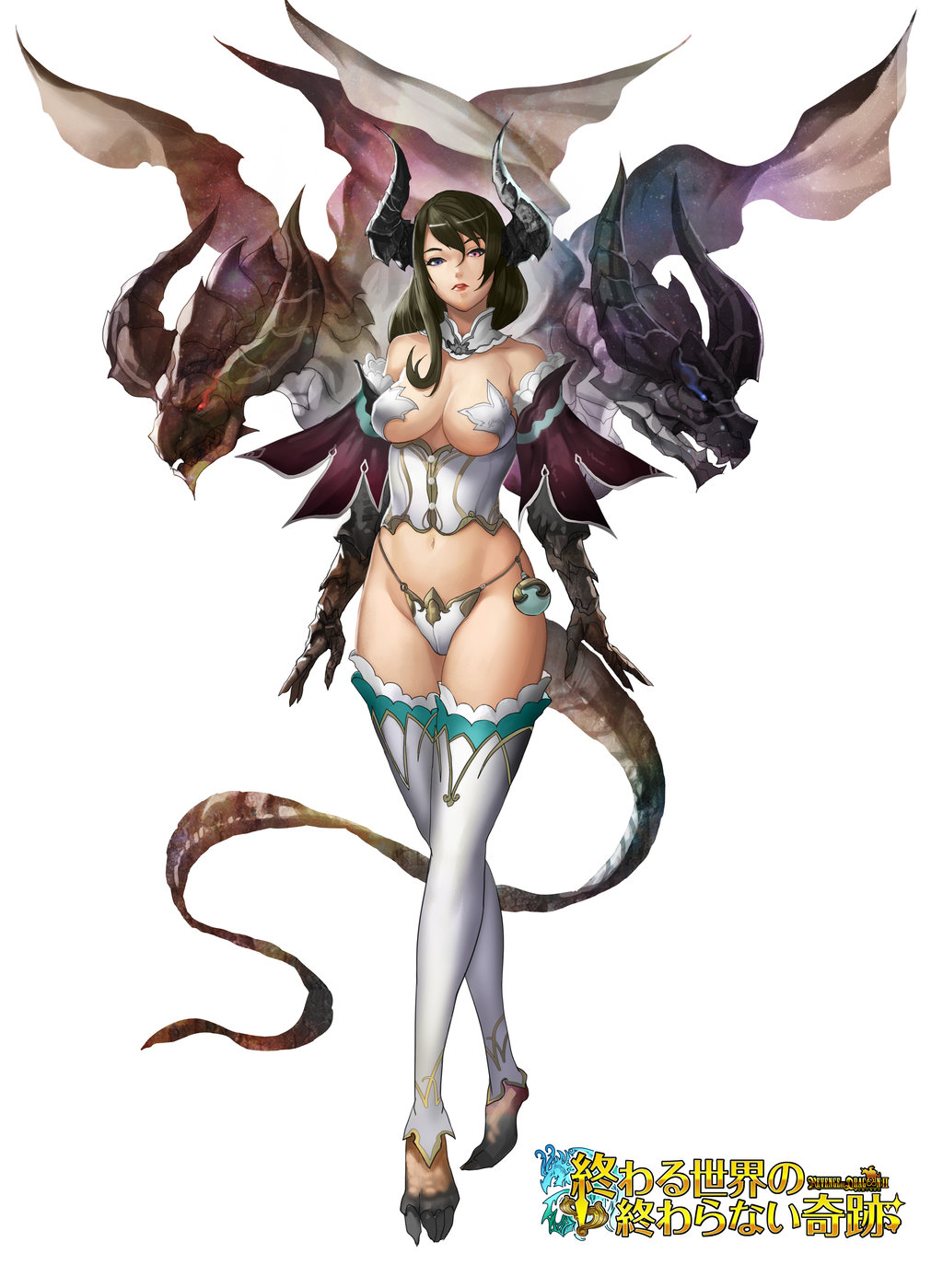 1girl, black_hair, blue_eyes, breasts, corset, detached_collar, dragon, dragon_girl