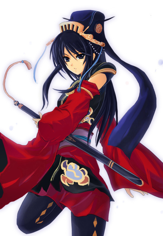 black_eyes, blue_eyes, chinese_clothes, detached_sleeves, hair_ornament, haura_akitoshi, headdress, leg_up