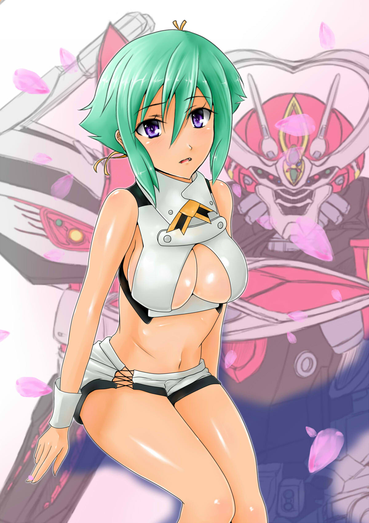 1girl, aquarion_(series), aquarion_evol, breasts, cleavage, cleavage_cutout, green_hair, hair_ribbon