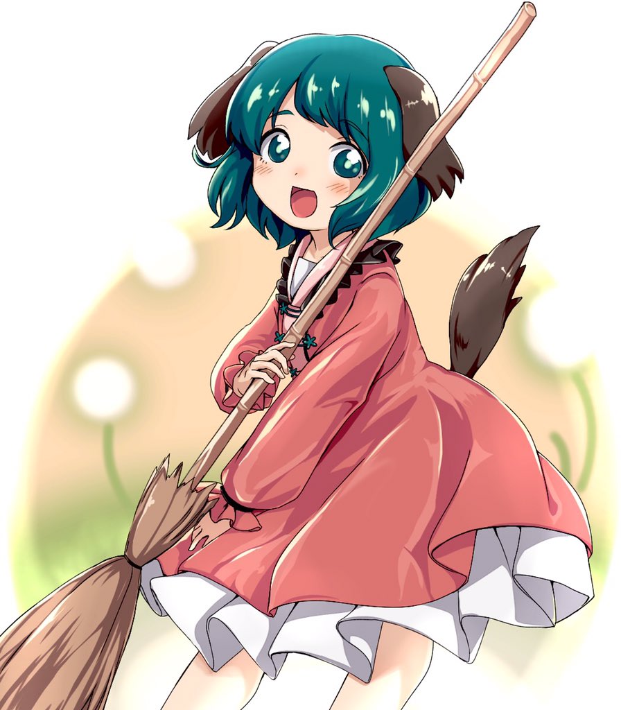 1girl, :d, ameyu, animal_ears, bamboo_broom, blush, broom, cowboy_shot
