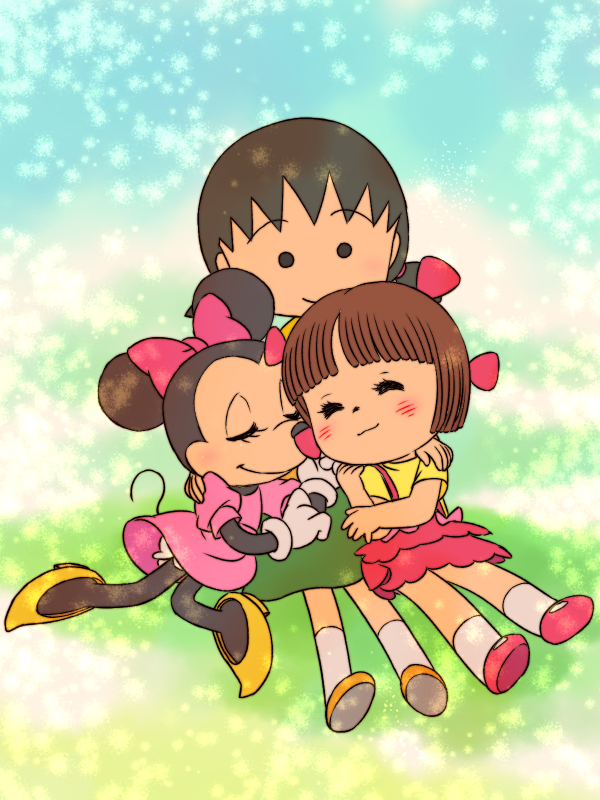 3girls, animal, anthro, black_jack_(series), blush, bow, chibi_maruko-chan, closed_eyes