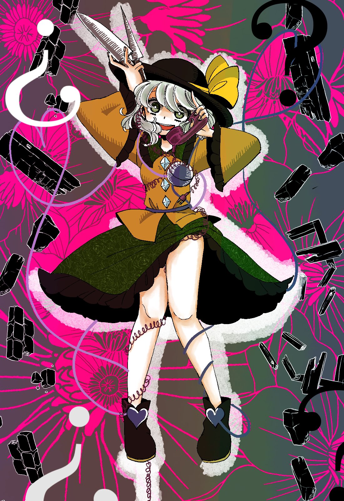 1girl, ?, black_hat, black_shoes, bow, crazy_eyes, floral_background, full_body, green_eyes, green_skirt, hat, hat_bow, hat_ribbon, highres, index_finger_raised, knife, komaku_juushoku, komeiji_koishi, phone, phone_cord, ribbon, rubble, shirt, shoes, silver_hair, skirt, smile, solo, third_eye, touhou, wide_sleeves, yellow_bow, yellow_ribbon, yellow_shirt
