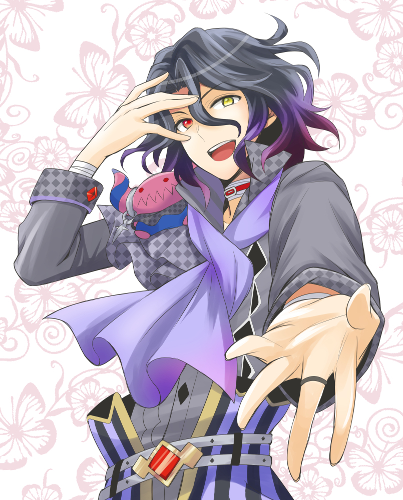 1boy, asselin_bb_ii, beckoning, black_hair, butterfly, heterochromia, idolmaster, idolmaster_side-m, jewelry, kodama_(whimsicalgirl), looking_at_viewer, male_focus, outstretched_hand, red_eyes, ring, satan_(idolmaster), stuffed_toy, wavy_hair, yellow_eyes