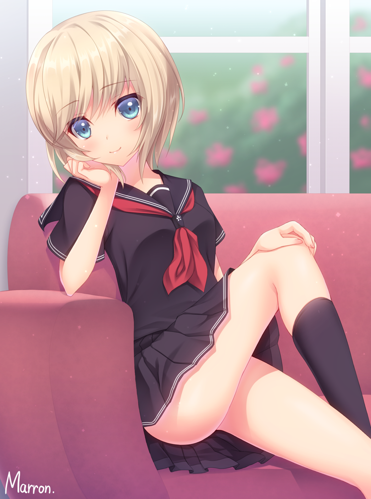 1girl, artist_name, bare_legs, black_serafuku, black_skirt, blonde_hair, blurry, blush, bush, closed_mouth, couch, depth_of_field, eyebrows, eyebrows_visible_through_hair, eyelashes, hand_on_own_cheek, hand_on_own_knee, hand_up, head_rest, head_tilt, indoors, knee_up, kneehighs, looking_at_viewer, maron_(1212ama), on_couch, original, pink_flower, plant, pleated_skirt, school_uniform, serafuku, short_hair, skirt, smile, solo, tareme, thighs, upskirt, window