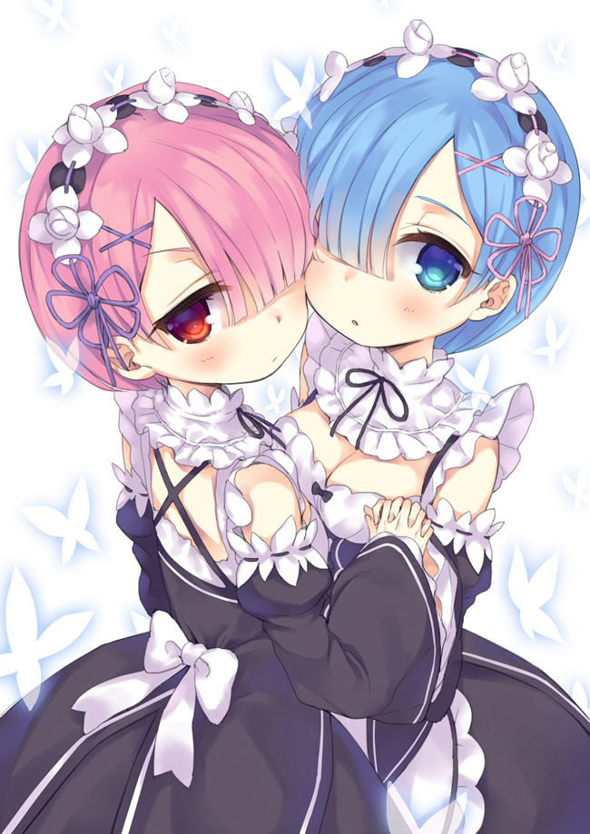 2girls, :o, bangs, blue_eyes, blue_hair, blush, breast_press, breasts