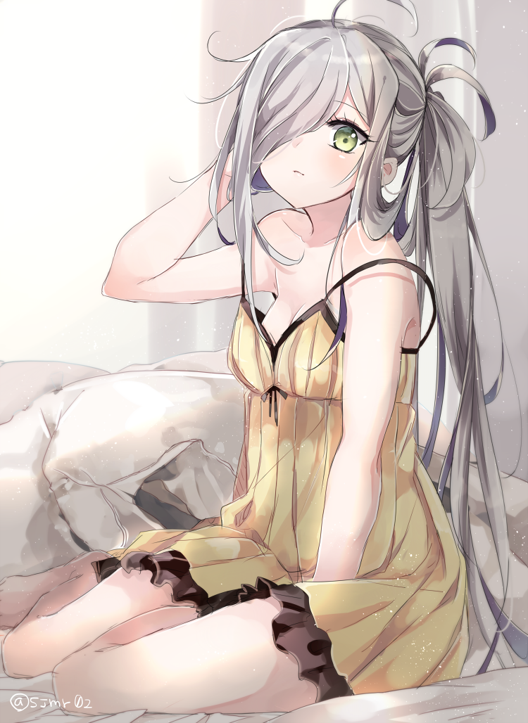 1girl, ahoge, alternate_costume, arm_up, asashimo_(kantai_collection), bare_shoulders, blush, breasts