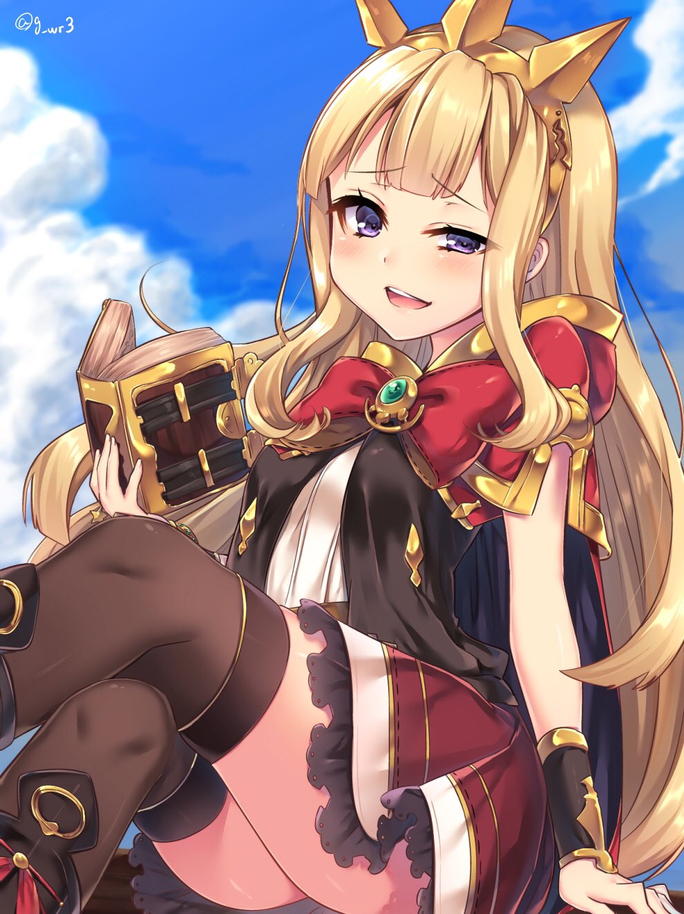 1girl, arm_support, black_legwear, blonde_hair, blush, book, bow, cagliostro_(granblue_fantasy)