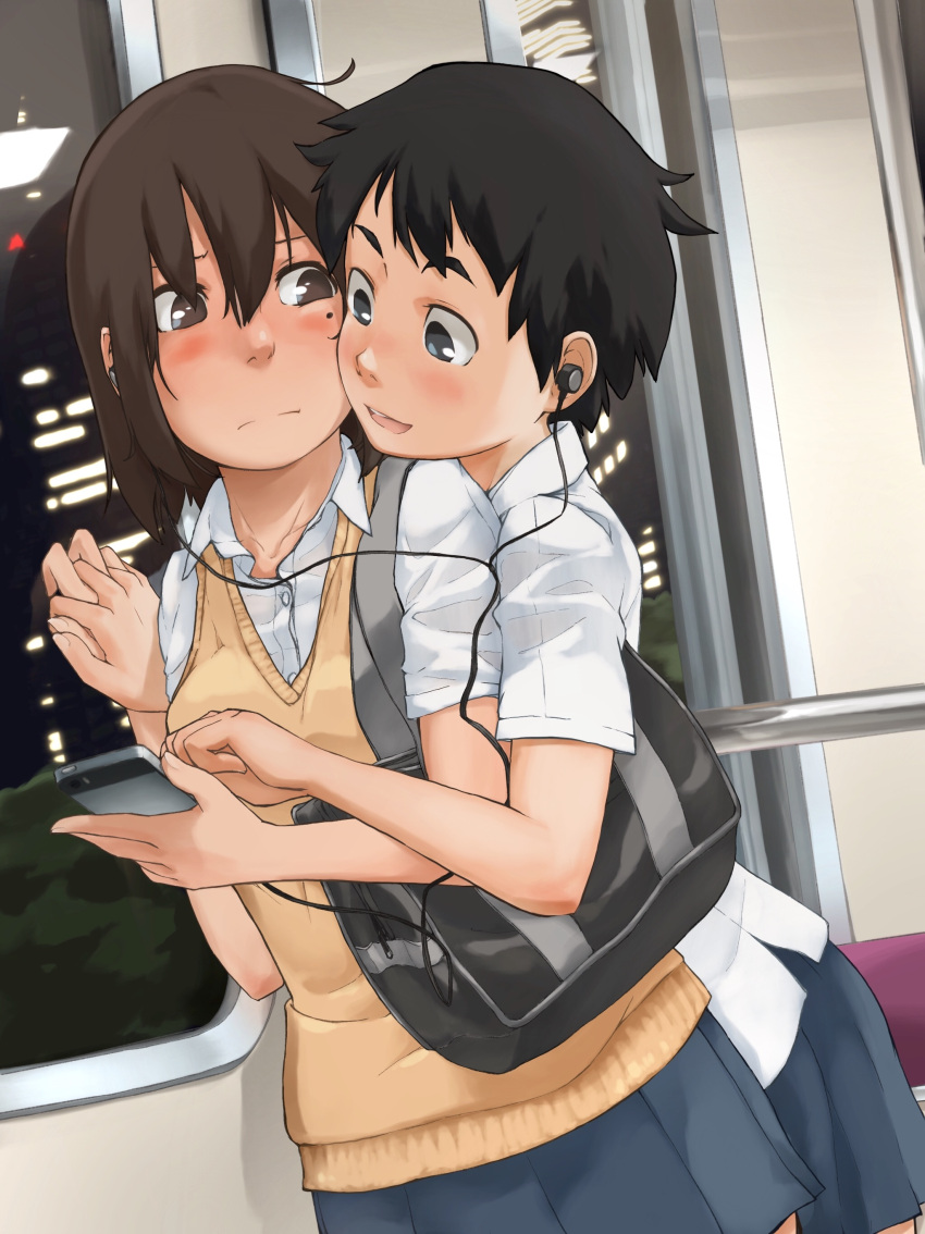 2girls, absurdres, bag, black_hair, blue_eyes, blush, breasts, brown_eyes, brown_hair, earphones, ei_(ss4), highres, looking_at_another, mole, mole_under_eye, multiple_girls, open_mouth, original, school_bag, school_uniform, shared_earphones, short_hair, skirt, smile, subway, yuri