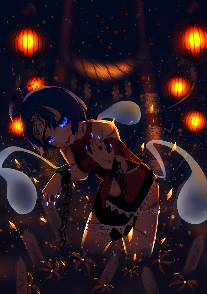 1girl, ahoge, backlighting, bandaged_leg, bangs, bent_over, black_skirt, blue_eyes, blue_hair, blue_nails, breasts, chinese_lantern, cuffs, dark, flower, glowing, glowing_eyes, glowing_nails, half-closed_eyes, hitodama, kurune222, light_particles, looking_at_viewer, miyako_yoshika, nail_polish, navel, night, petals, red_shirt, rope, shackles, shimenawa, shirt, short_hair, short_sleeves, skirt, smile, solo, stitches, talisman, teeth, thighs, tongue, torii, torn_clothes, torn_shirt, torn_skirt, torn_sleeves, touhou