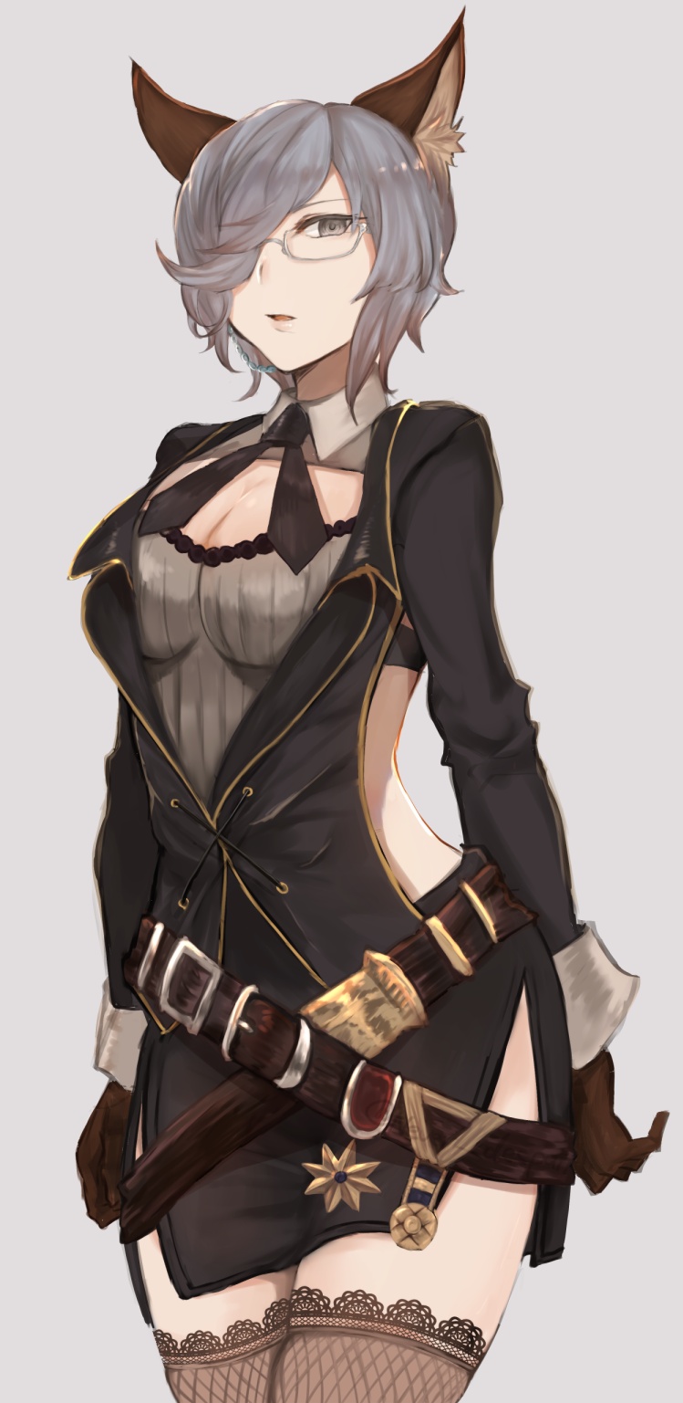 1girl, animal_ears, arms_at_sides, beads, beige_background, belt, black_jacket, black_skirt, breasts, brown_gloves, buckle, cat_ears, cleavage, cowboy_shot, cravat, fishnet_legwear, fishnets, freesia_von_bismarck, glasses, gloves, granblue_fantasy, grey_eyes, grey_hair, hair_over_one_eye, highres, jacket, lace-trimmed_legwear, long_sleeves, looking_at_viewer, moshoko_(mizuneroku), one_eye_covered, parted_lips, pencil_skirt, semi-rimless_glasses, short_hair, side_cutout, side_slit, simple_background, skirt, solo, star, thigh-highs, under-rim_glasses, uniform
