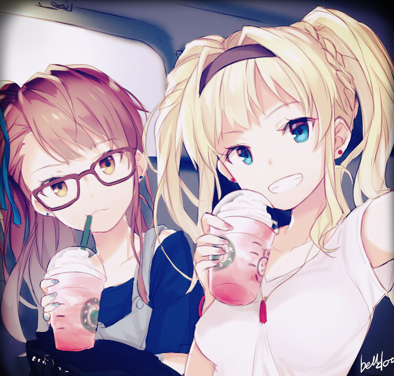 2girls, :3, alternate_costume, bangs, beatrix_(granblue_fantasy), belldot, bespectacled, blonde_hair