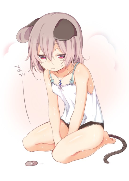 1girl, akagashi_hagane, animal_ears, bare_shoulders, barefoot, between_legs, black_panties, camisole