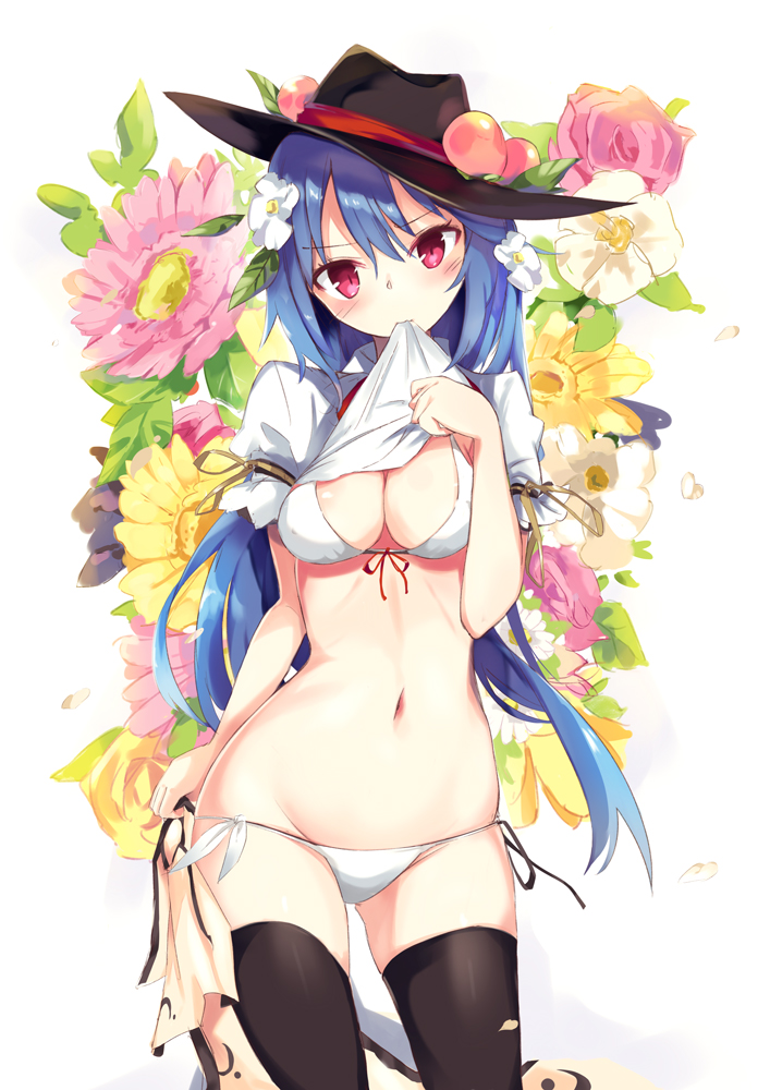 1girl, bikini, black_legwear, blue_hair, blush, breasts, cleavage, flower