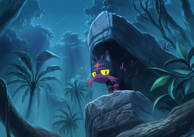 atelier_pocket, cat, jungle, litten_(pokemon), nature, night, night_sky, no_humans