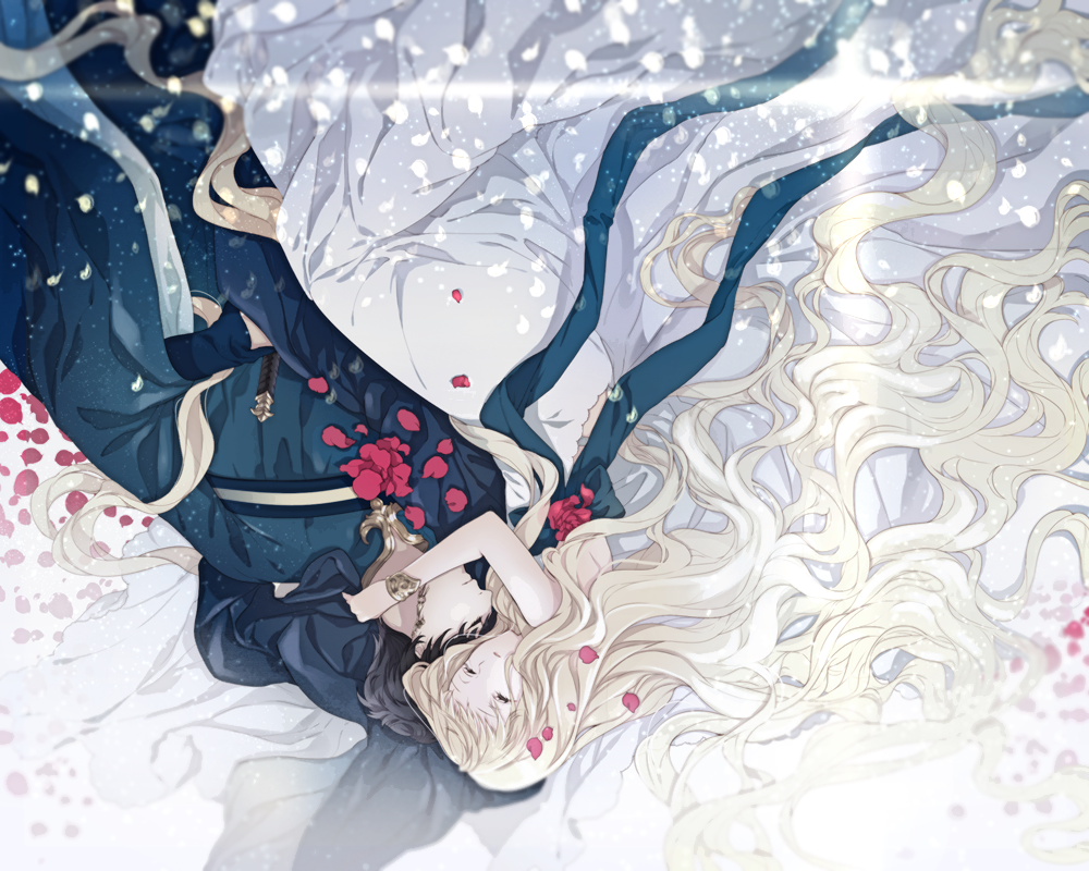 1girl, absurdly_long_hair, bangs, black_hair, blonde_hair, bracelet, cape, closed_eyes