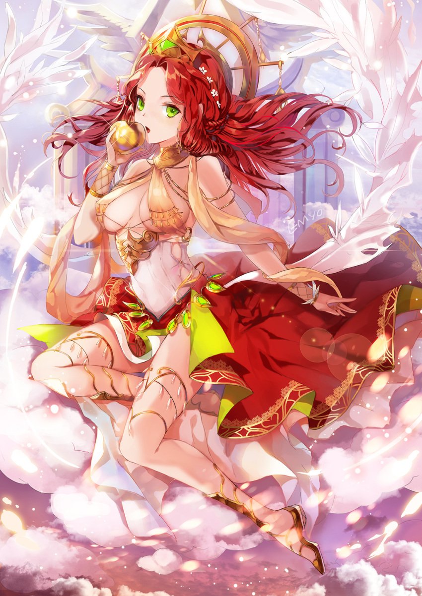 1girl, apple, armor, barefoot, braid, breasts, clouds, coin_(ornament), crown, curly_hair, dress, feathers, fishnets, floating_hair, flower, flying, food, fringe, fruit, goddess, gold, golden_apple, greek_mythology, green_eyes, hair_flower, hair_ornament, hera_(mythology), highres, holding, holding_fruit, lens_flare, light_particles, long_hair, o-ring_top, original, pillar, redhead, shawl, signature, solo, sparkle, thighlet, under_boob, waist_cape, wavy_hair, white_flower, white_wings, wind, wings, wrist_wings, yumaomi