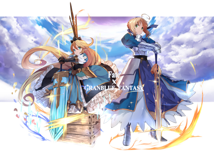 ahoge, armor, armored_dress, bangs, blonde_hair, blue_eyes, breastplate, charlotta_(granblue_fantasy), closed_mouth, crown, dress, excalibur, eyebrows, eyebrows_visible_through_hair, fate/stay_night, fate_(series), gauntlets, granblue_fantasy, green_eyes, hair_between_eyes, long_hair, pointy_ears, puffy_sleeves, saber, smile, sword, touzai_(poppin_phl95), very_long_hair, weapon