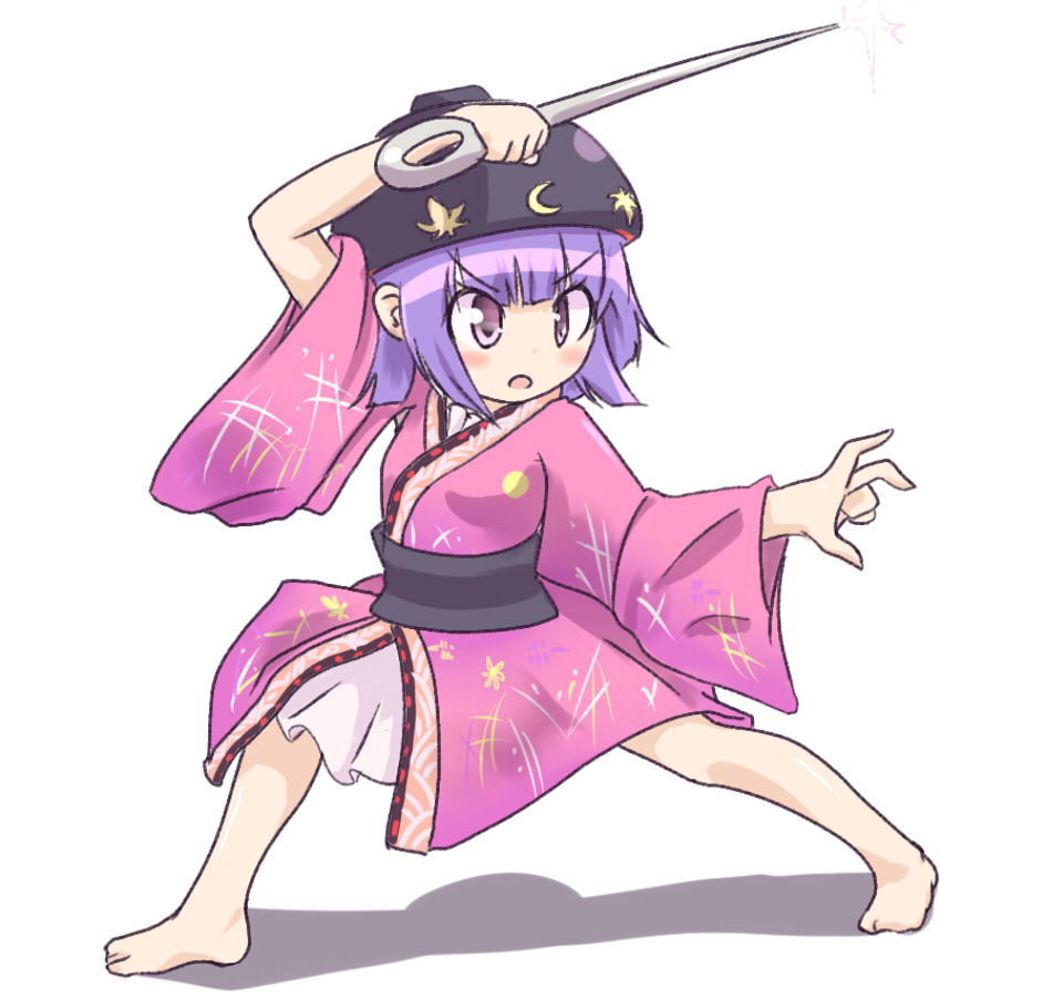 1girl, barefoot, bowl, gplnbeat, japanese_clothes, kimono, needle, purple_hair, solo, stance, sukuna_shinmyoumaru, touhou, violet_eyes