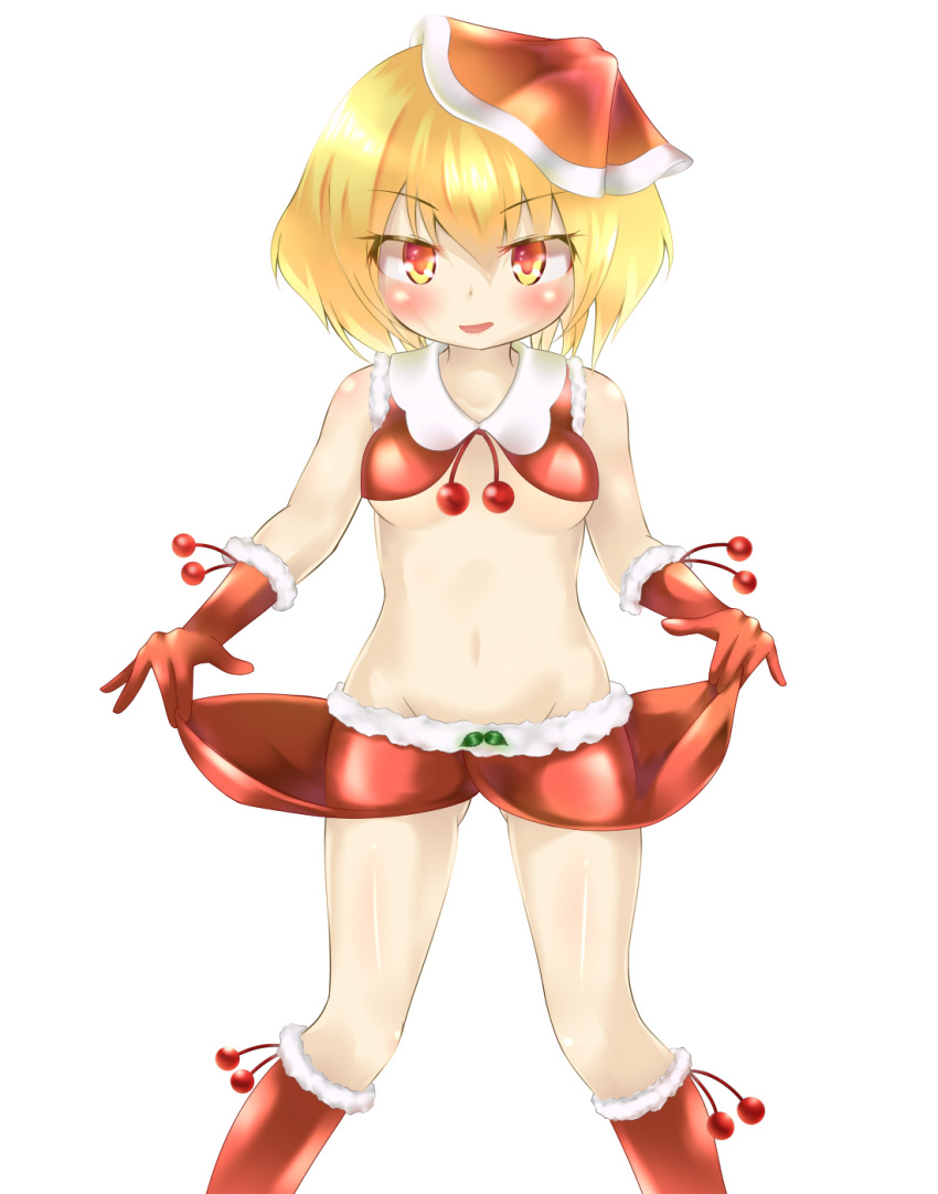 1girl, blonde_hair, blush, gplnbeat, hair_ribbon, highres, midriff, open_mouth