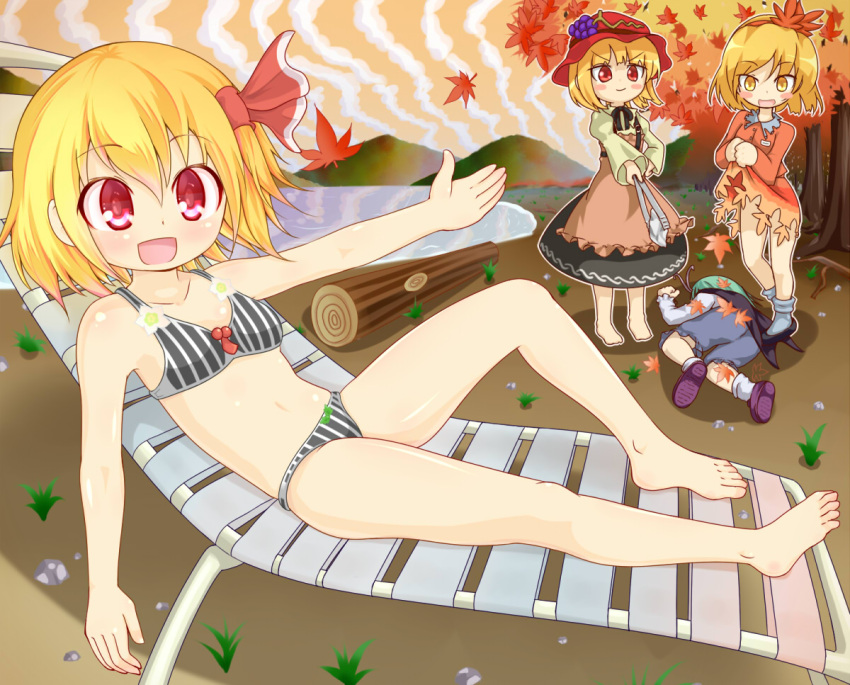 4girls, aki_minoriko, aki_shizuha, autumn_leaves, barefoot, bikini, blonde_hair, food, fruit, gplnbeat, grapes, green_hair, hair_ornament, hair_ribbon, hat, mob_cap, multiple_girls, open_mouth, red_eyes, ribbon, rumia, swimsuit, touhou, wriggle_nightbug, yamcha_pose, yellow_eyes