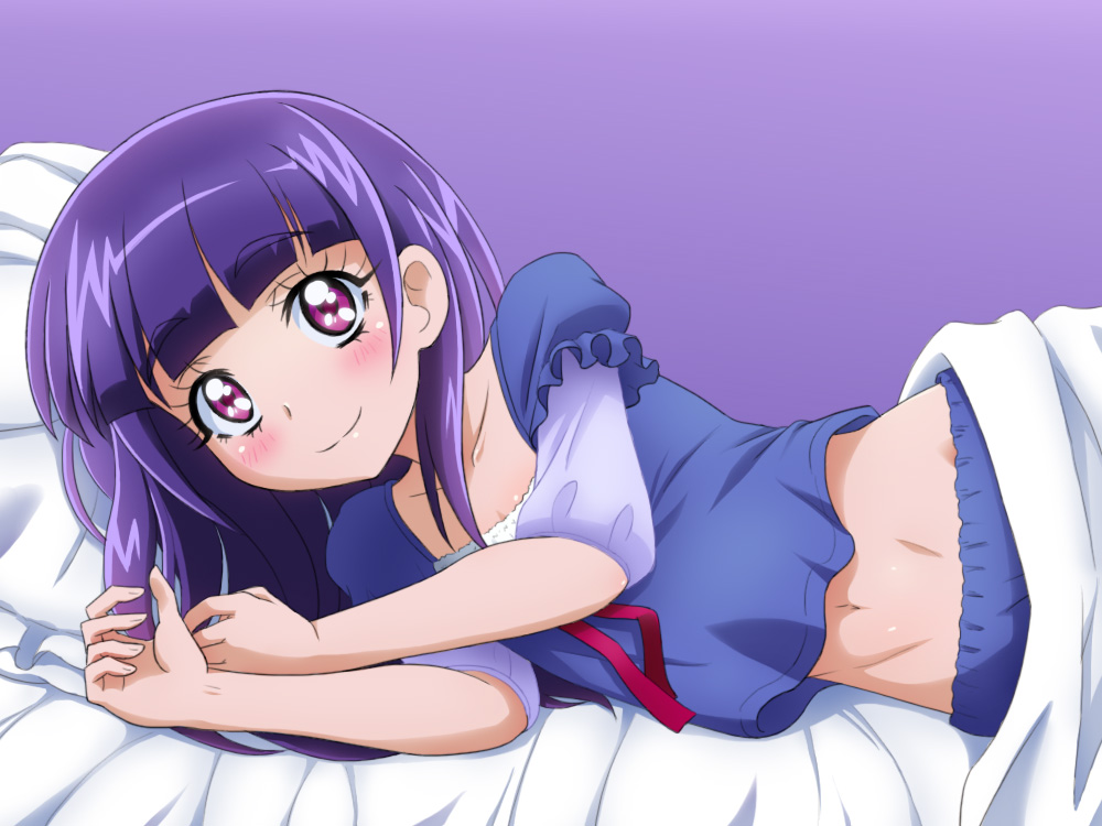 1girl, blanket, blush, izayoi_liko, long_hair, looking_at_viewer, lying, mahou_girls_precure!