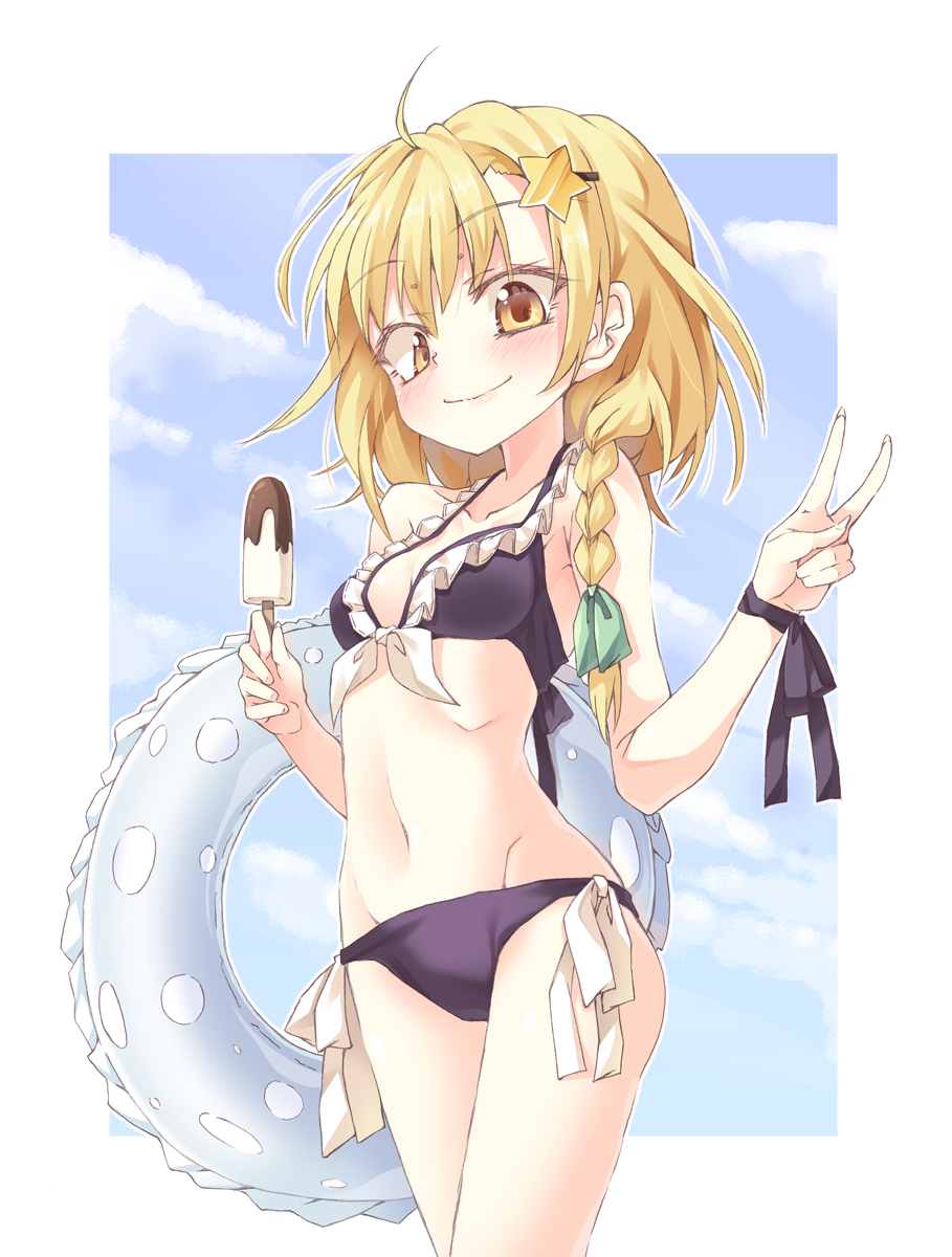 1girl, ahoge, armband, bare_shoulders, bikini, black_bikini, black_ribbon, blonde_hair