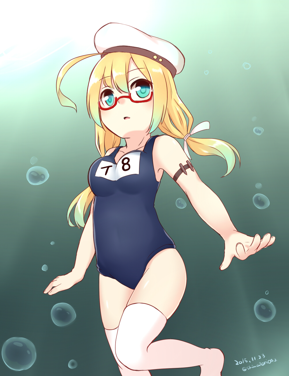 1girl, blonde_hair, glasses, green_eyes, hat, highres, i-8_(kantai_collection), kantai_collection